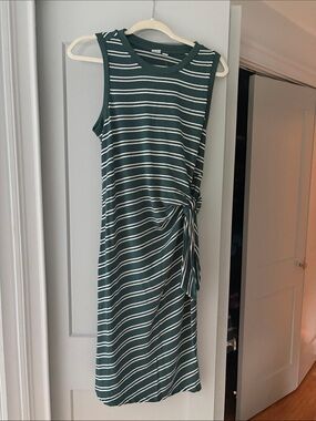 GAP Forest Green and White Striped Midi Tie-Waist Dress